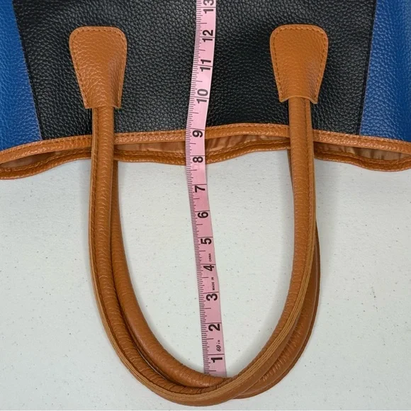 Neiman Marcus Tote Bag Tri-color Camel Brown, Black & Blue Vegan Pebble Leather - Picture 6 of 9